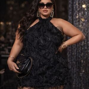 Y2K Feather Halter Mini Dress 4XL Y2K Indie Sleaze Festival Mob Wife Glam Shein